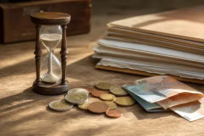 Eurové mince, bankovky a presýpacie hodiny pri dôchodku zo zahraničia