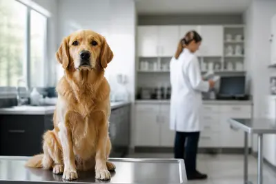 Pes na vyšetrovacom stole vo veterinárnej ambulancii.