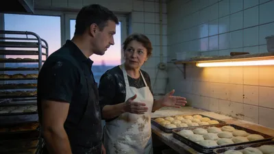 Majiteľka malej pekárne vysvetľuje pomocníkovi priebeh krátkej pracovnej zmeny