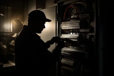 Elektrikár v siluete pred stenou s elektrickým rozvádzačom