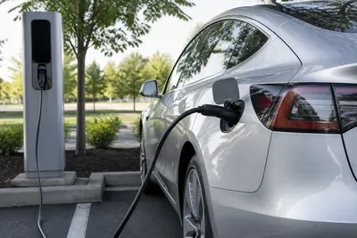 Strieborný elektromobil nabíjajúci sa pri verejnej nabíjačke