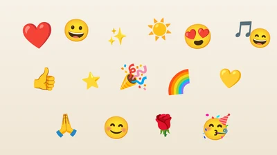 Farebná zbierka pozitívnych emoji - srdce, usmievavá tvár, palec hore, iskričky a slnko na jemnom pozadí