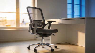 Moderná ergonomická kancelárska stolička so sieťovaným operadlom pri pracovnom stole pri okne