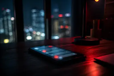 Mobilný telefón so svietiacim displejom ležiaci v noci na drevenom stole.