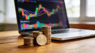 Euro mince vedľa notebooku s burzovým grafom na drevenom stole