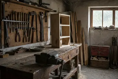 Domáca dielňa s pracovným stolom a náradím na stene v garáži.
