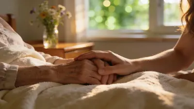 Ruka mladšej ženy držiaca ruku staršieho človeka na svetlej prikrývke pri okne