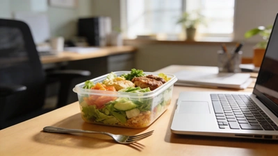 Obedový box so zdravým jedlom na kancelárskom stole