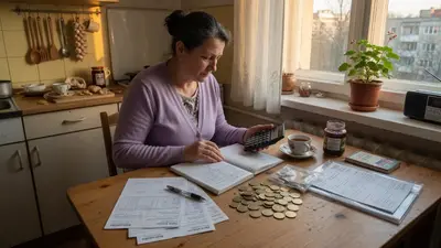 Osoba počíta s kalkulačkou a mincami na stole pri plánovaní mesačného sporenia
