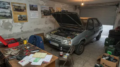 Staršie použité auto v garáži s náradím a účtenkami z servisu