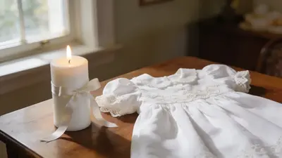 Biela krstná košieľka a sviečka na stole