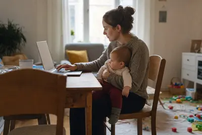 Matka drží bábätko na kolenách a pracuje na notebooku