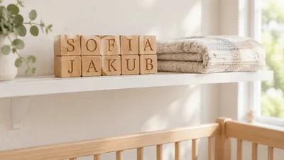 Drevené kocky s menami Sofia a Jakub na poličke nad detskou postieľkou