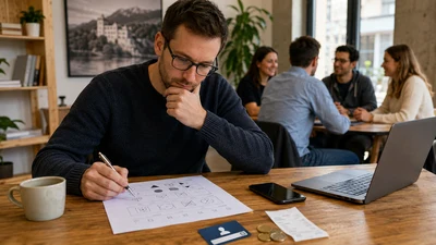 Muž s okuliarmi rieši hárok s geometrickými úlohami, v pozadí sa pri stole rozpráva skupina ľudí