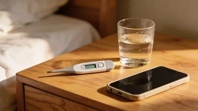 Smartfón s notifikáciou, digitálny teplomer a pohár vody na nočnom stolíku
