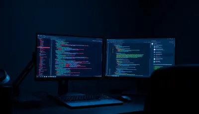 Dva monitory s programovacím kódom v tmavej miestnosti