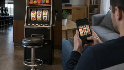 Presun hazardu z herne do online kasína: prázdny automat a muž hrajúci na mobile doma