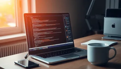 Notebook s kódom na stole pri okne s kávou