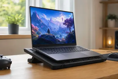 Notebook na chladiacej podložke s ventilátormi na pracovnom stole