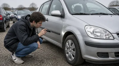 Mladý muž si pred kúpou baterkou prezerá karosériu ojazdeného malého auta