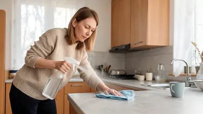 Žena čistí kuchynskú dosku rozprašovačom a utierkou