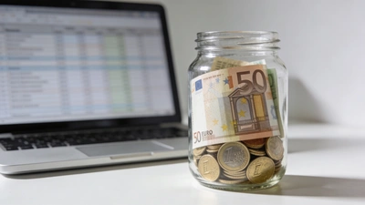 Pohár plný euro mincí vedľa bankoviek, laptop s tabuľkou v pozadí - šetrenie