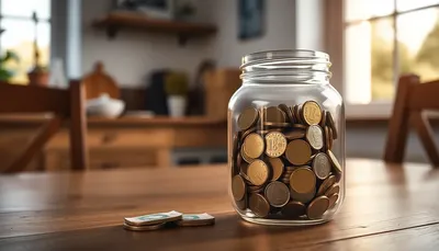 Sklenený pohár s mincami na drevenom stole