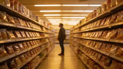 Preplnená polica v supermarkete s množstvom podobných produktov