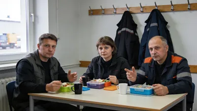 Traja zamestnanci sa počas prestávky rozprávajú o platoch