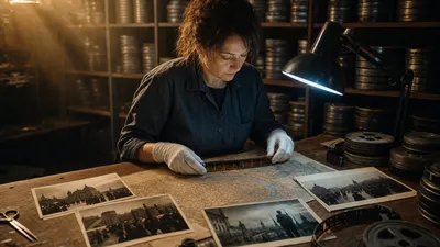 Reštaurátorka v archíve porovnáva starý filmový pás s historickou mapou a fotografiami