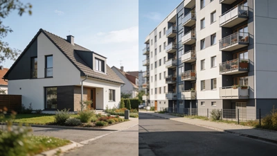 Rodinný dom so záhradou vedľa typického slovenského paneláku v meste
