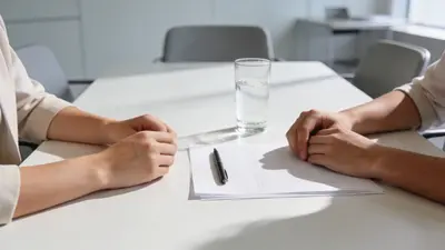 Ruky dvoch ľudí pri stole so životopisom počas pracovného pohovoru