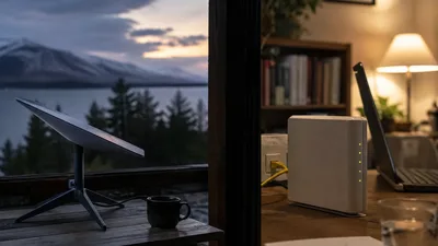 Satelitná internetová anténa pri okne s výhľadom na jazero a router na stole