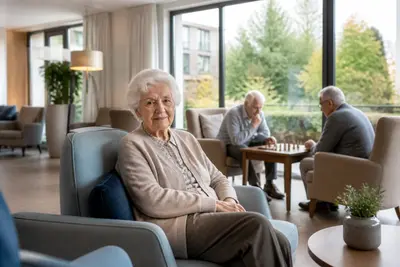 Moderná spoločenská miestnosť domova seniorov.