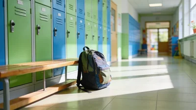 Školská chodba so študentskými skrinkami a batohom na lavičke