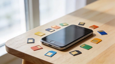 Smartfón obklopený farebnými SIM kartami na drevenom stole