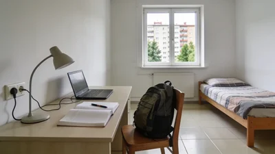 Typická študentská internátna izba na slovenskom internáte s písacím stolom, lampou a výhľadom cez okno na sídlisko