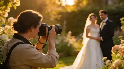 Fotograf s profesionálnym fotoaparátom fotí pár vonku