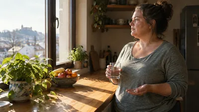 Žena pri kuchynskom okne drží tabletu a pohár vody