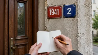 Červená tabuľka so súpisným číslom 1941 a modrá s orientačným číslom 2 pri vchode do domu, ruka si čísla zapisuje do zápisníka