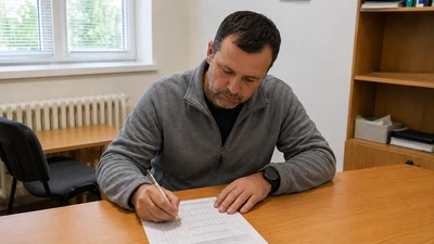 Muž v strednom veku vypĺňa ceruzkou dotazník pri stole v kancelárii dopravného psychológa