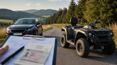 Štvorkolka a auto na ceste pri dokladoch a vodičskom preukaze