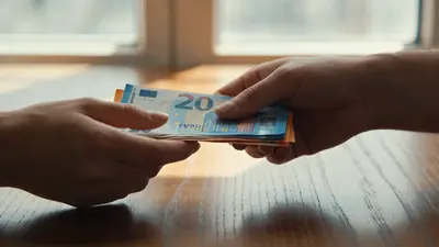 Ruka nenápadne podáva zloženú eurobankovku cez stôl, detail na výmenu peňazí