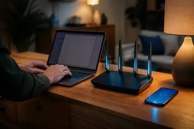 Ruky píšu na notebooku vedľa wifi routera pri nastavovaní domácej siete.