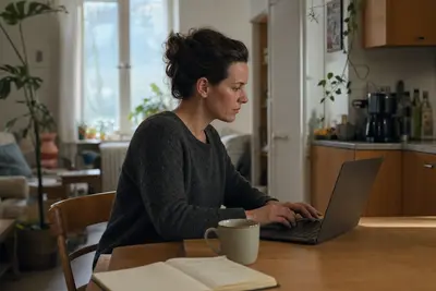 Žena pracuje na notebooku pri kuchynskom stole v byte