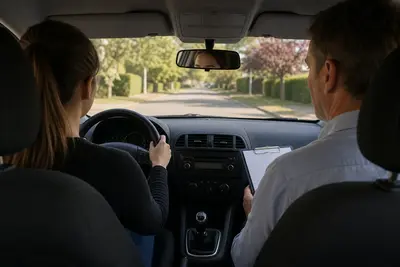 Žiačka autoškoly za volantom vedľa inštruktora počas záverečnej skúšky