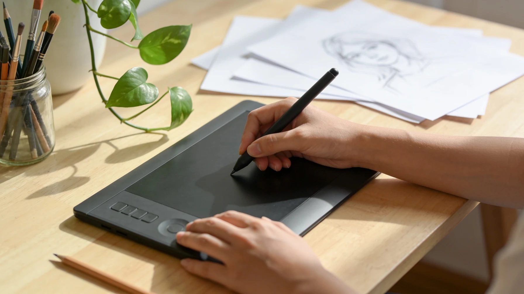 Ruky ilustrátorky so stylusom nad grafickým tabletom v svetlom ateliéri