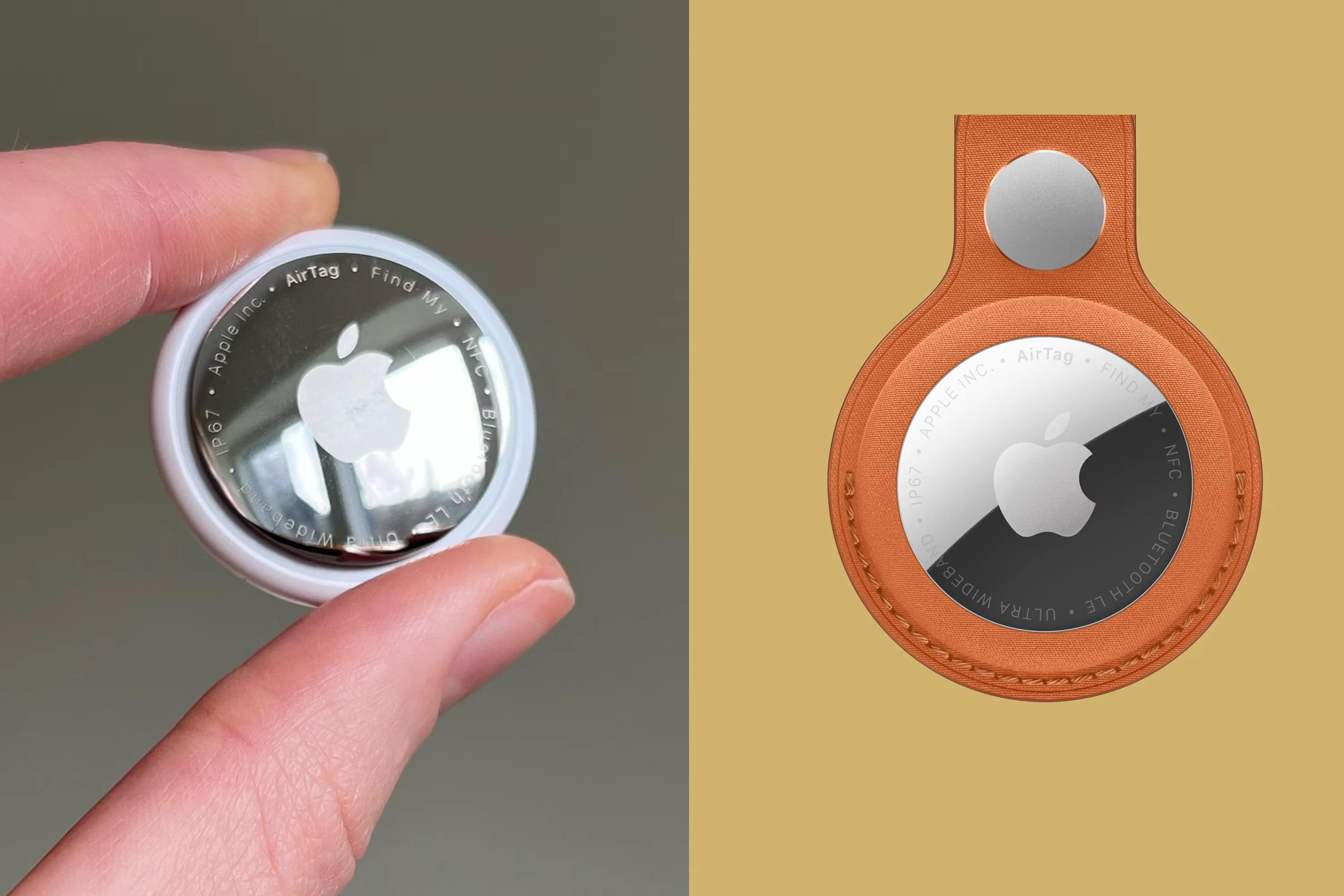 Apple AirTag v ruke a v puzdre