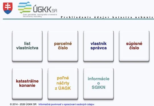 Úvodná stránka CICA s dlaždicami list vlastníctva, parcelné číslo, vlastník a súpisné číslo