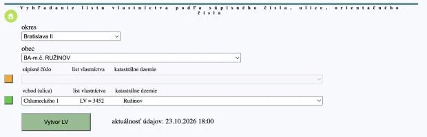 Výber vchodu Chlumeckého 1 v CICA s listom vlastníctva 3452